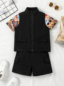 SHEIN Young Boys' Cartoon Print T-Shirt, Solid Color Vest And Cargo Shorts Set With Bear Detail