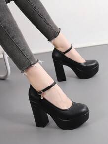 女士高跟單鞋,厚底跟,女性春秋百搭厚底鞋,新款黑色鞋子,正式12厘米旗袍模特t型走秀鞋 - 黑色 - 查看 3