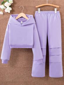 SHEIN Tween 女孩純色連帽休閒兩件套 - 紫色 - 查看 1