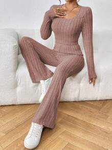 SHEIN Frenchy Square Neck Long Sleeve T-shirt And Bell-bottomed Pants - Pink - View 6