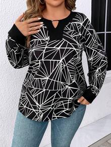 SHEIN LUNE Plus Size Button Down Shirt With Keyhole Collar And Long Sleeves - Black and White - View 4