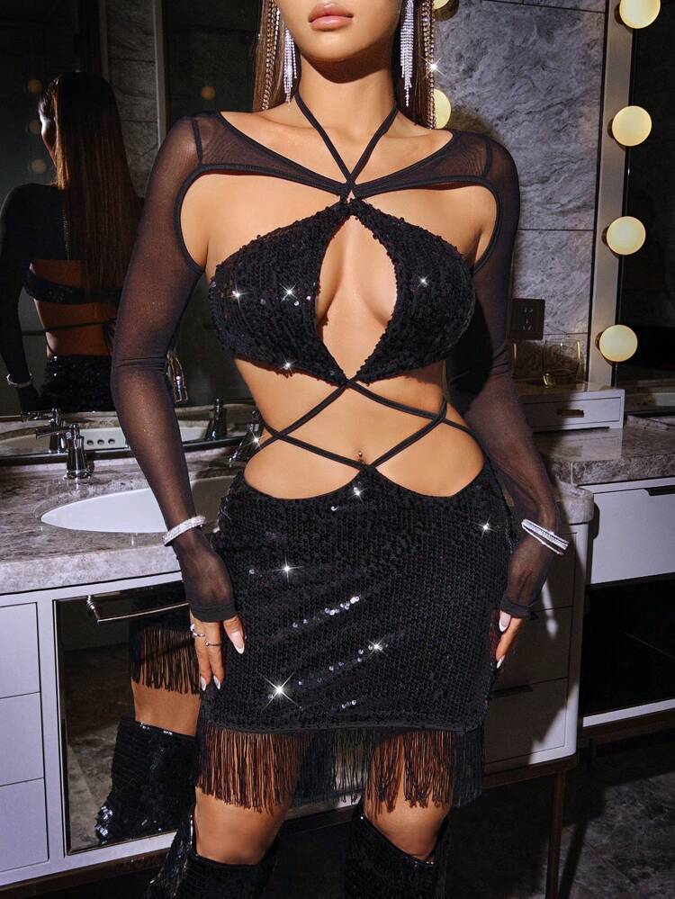 Mesh Panel Hollow Out Sequin Embellished Dress