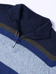 Manfinity Homme 男士色塊條紋拉鍊休閒毛衣 - 藍色 - 查看 4
