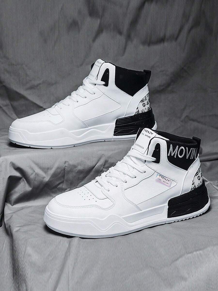 Men's High-Top Letter Embroidered Athletic Sneakers - Black and White - View 1