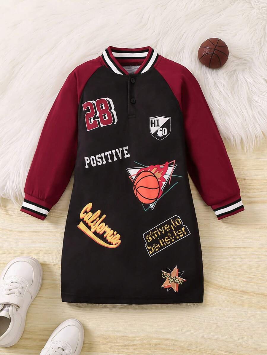 SHEIN Little Girls' Text Print Color Block Dress - Multicolor - View 1