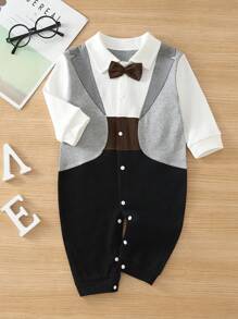 Baby Boy Color Block Bow Front 2 In 1 Jumpsuit - Light Grey - View 1