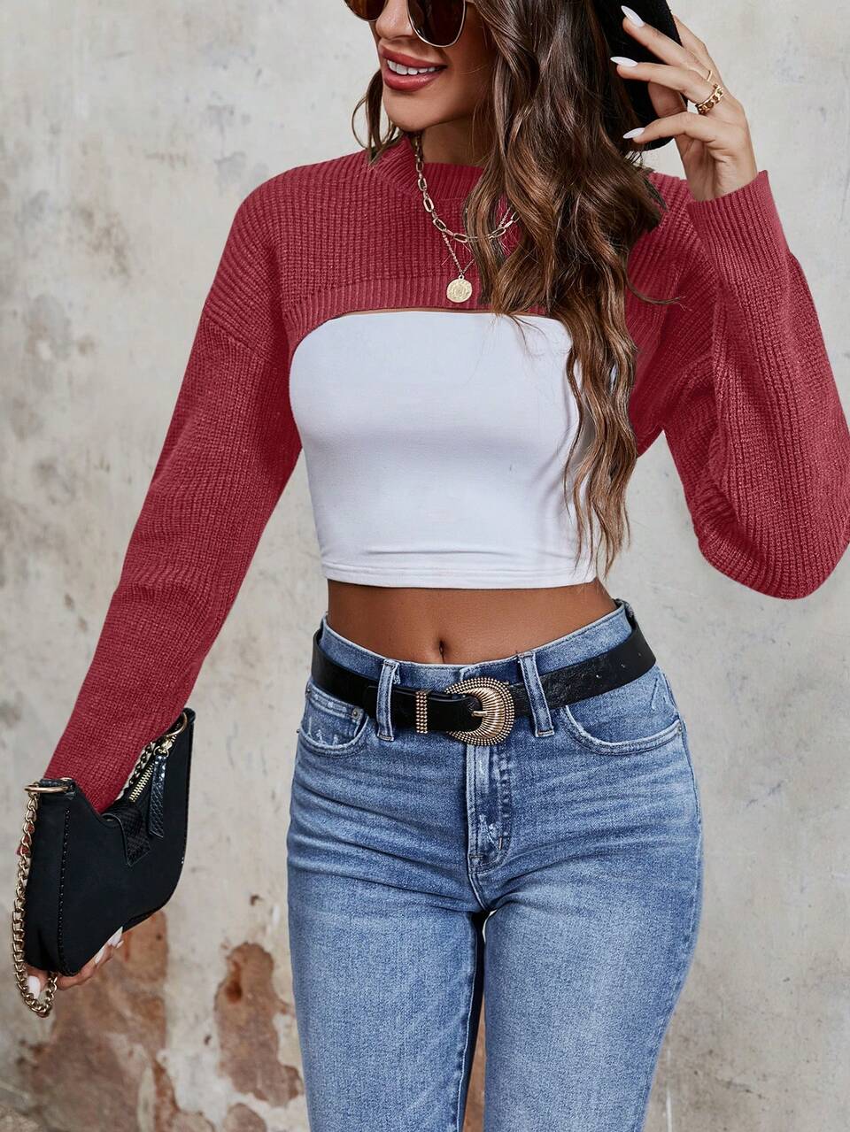 Ultra Short Round Neck Drop Shoulder Casual Sweater With Drop Shoulder Knit Pullover Fall Winter Sweater