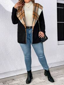 SHEIN LUNE Plus Size Plaid Shawl Collar Coat - Black - View 4
