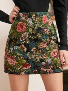 Poéselle High-Waisted Jacquard Floral Skirt