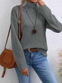 SHEIN Essnce 高領純色休閒毛衣 - 灰色 - 查看 1