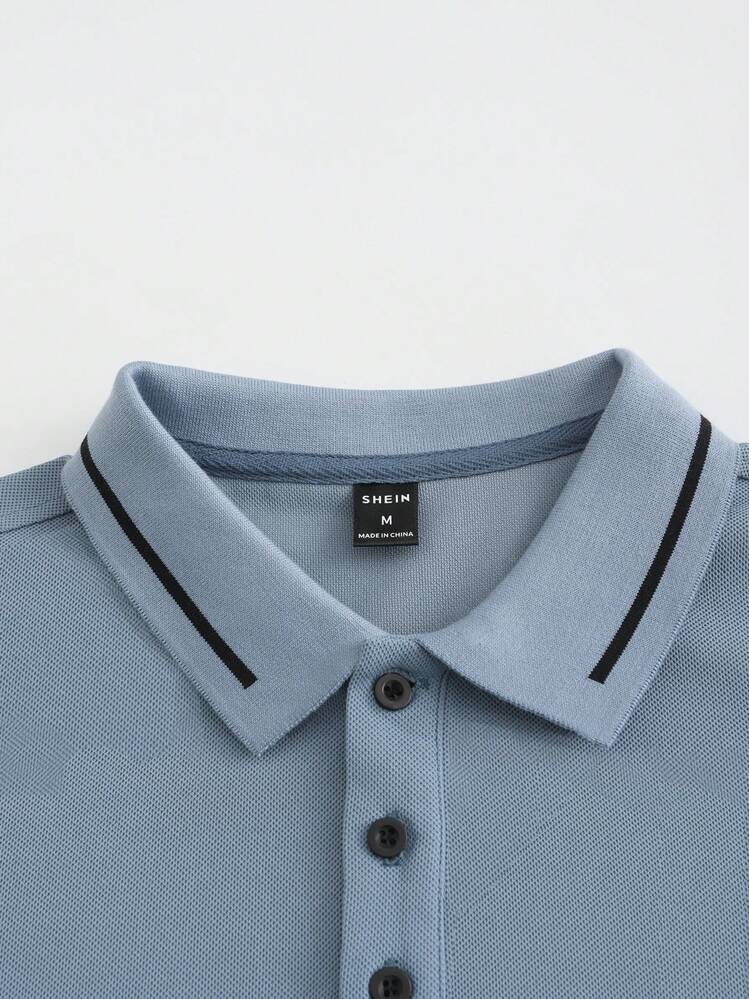 Manfinity Homme Camisa polo de manga corta para hombre, Botones con cuello de bloqueo de color para golf y negocios - Neblina azul - Añade 5