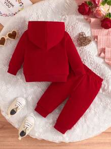 Baby Girls' Long Sleeve Heart Printed Hoodie Set For Spring And Autumn - Red - View 2