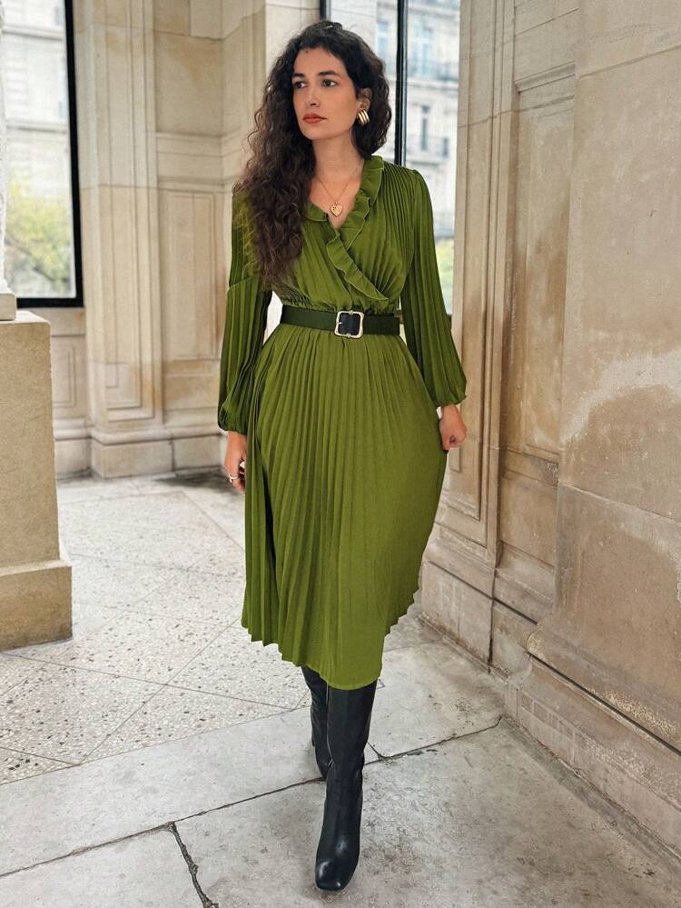 Ruffle Pleated Lantern Sleeve Dress