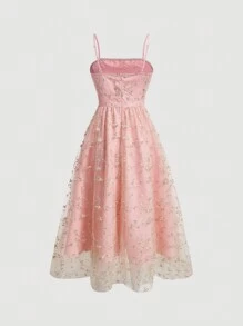 SHEIN MOD Women's Embroidered Mesh Cami Dress - Pink - View 2