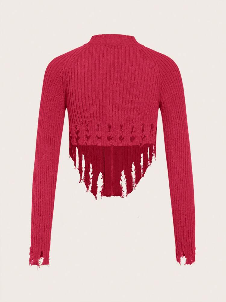 Women's Solid Color Cardigan With Hollow Out Design And Tassel Hemline