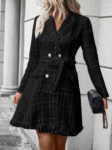SHEIN Privé Elegant Turn-down Collar Woolen Dress - Black - View 5