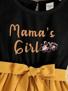 SHEIN Young Girl Contrast Color Patchwork Dress With Short Sleeves And Letter Prints - Multicolor - View 5