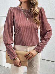 Chiquease Camisa De Cuello Redondo Con Botones Traseros Para Mujer - Rosa - Ver 3
