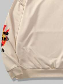 ROMWE MEN Street Life 男款骷髏印花帶標語帽衫和運動長褲,2入組 - 卡其色 - 查看 5