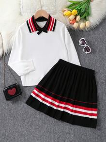 SHEIN Tween Girls' Striped Sweater And Sweater Skirt Set - Black - View 1