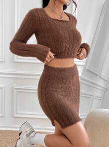 SHEIN Unity 純色短版毛衣裙套裝 - 咖啡棕 - 查看 1