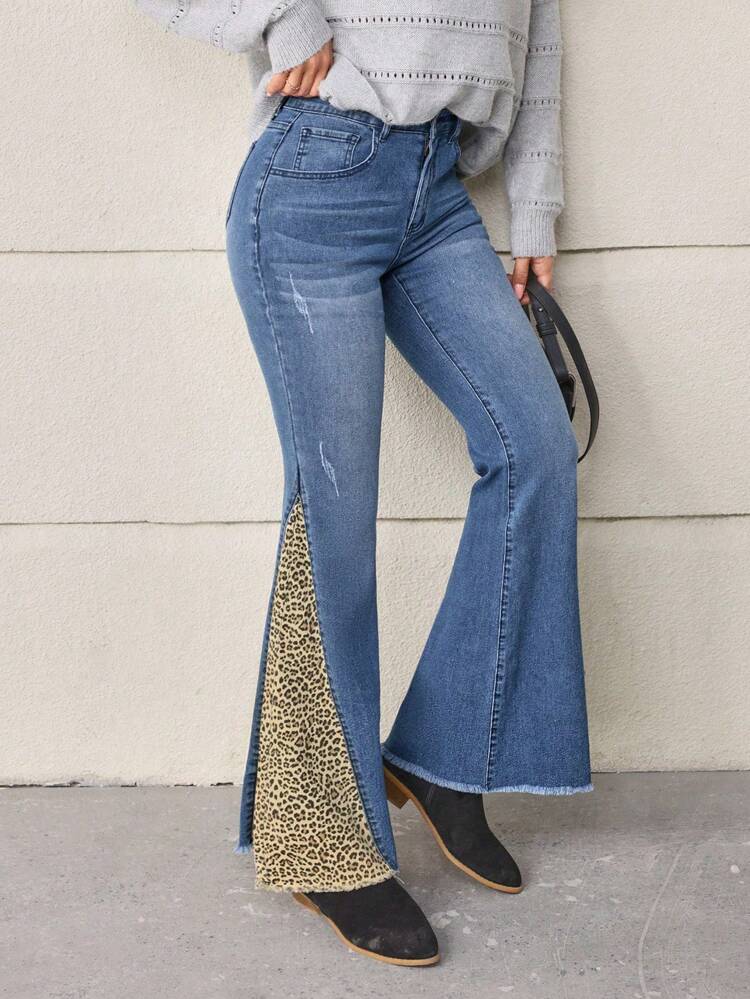 Women's Leopard Print Patchwork Flared Jeans