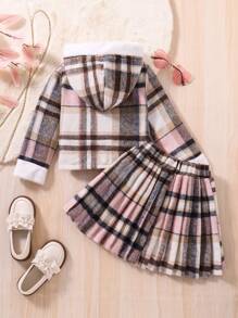SHEIN 幼兒女童校園風格格紋和毛絨修邊拼接連帽長袖上衣和褶裙,適用於秋冬季節 - 杏色 - 查看 2
