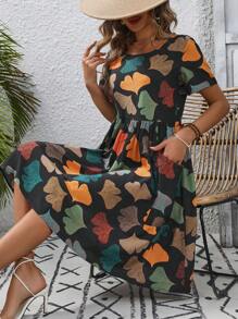 EMERY ROSE Women's Ginkgo Leaf Printed Dress With Double Pockets - Black - View 6