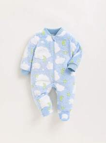 SHEIN Grenouillère Sans Col Pour Bébé Nouveau-né Fille À Motif D'étoile, Doublée Thermiquement Et De Couleur Moyennement Épaisse À Manches Longues Avec Couverture Pour Les Pieds - Bleu et Blanc - Voir 1