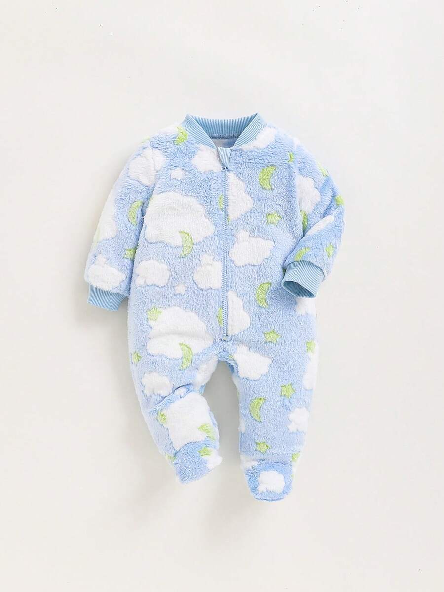 SHEIN Grenouillère Sans Col Pour Bébé Nouveau-né Fille À Motif D'étoile, Doublée Thermiquement Et De Couleur Moyennement Épaisse À Manches Longues Avec Couverture Pour Les Pieds - Bleu et Blanc - Voir 1