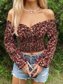 Soleia Off-the-shoulder Ruffle Trim Decor Lantern Sleeve Top - White - View 4