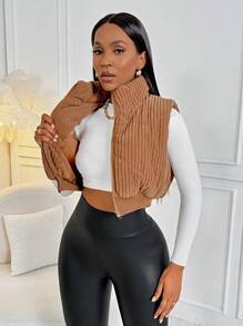 SHEIN Slayr Zipper Front Vest Padded Padded Coat Clothes Winter - Coffee Brown - View 4