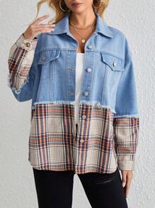 EMERY ROSE Của phụ nữ Denim Xanh Lỏng lẻo Thoải mái Sành điệu Áo khoác Với Đỏ  Và Trắng Kẻ sọc Vá lại - Nhiều màu - Xem 5