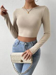 Islaluna 纯色圆领短款长袖修身针织套头衫秋冬毛衣 - 杏色 - 查看 3