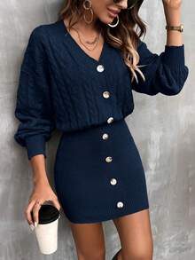 SHEIN Clasi 纜繩針織修身毛衣連衣裙 - 藏蓝色 - 查看 4