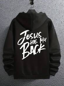 男士十字字母印花抽绳卫衣，带保暖内衬 - 黑色 - 查看 1