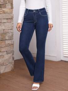 SHEIN LUNE Solid Color Flared Jeans - Blue - View 4