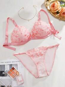 大尺碼花邊蕾絲內衣套裝 - 粉色 - 查看 3