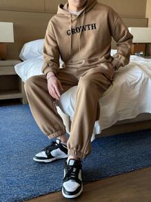 DAZY Men's Letter Printed Drawstring Hoodie And Jogger Pants Two-piece Set - Khaki - View 6