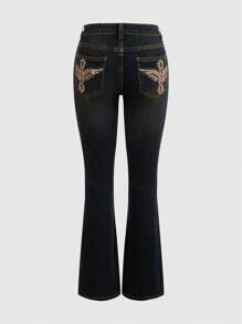 ROMWE Grunge Punk Beaded Embroidery Wing Shaped Flare Jeans, School
