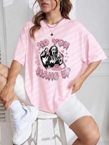 INAWLY Plus Size Skull And Slogan Printed T-Shirt Graphic Tees Women Tops