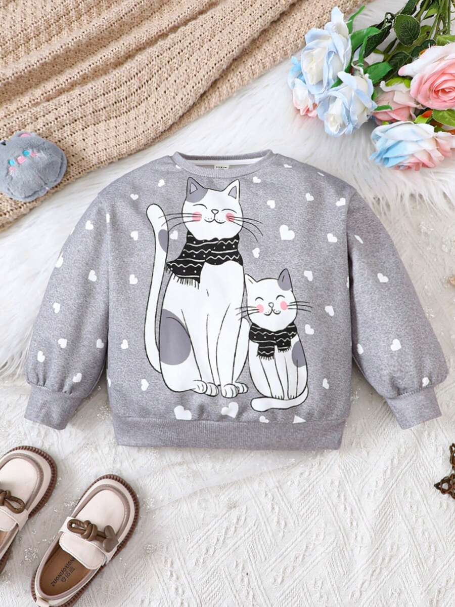 Girls' Heart & Cat Pattern Loose Fit Sweatshirt With Round Neckline - Grey - View 1