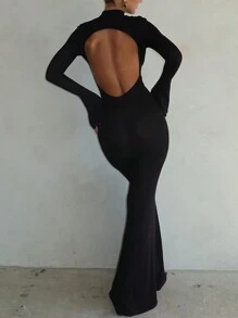 Damen Einfarbiges Kleid mit Rückenausschnitt, Stehkragen und Fischschwanzsaum