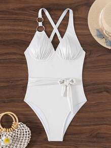 SHEIN Swim Women's Back Cross One-Piece Swimsuit Wedding Summer - Silver - View 1