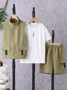 SHEIN 3pcs/Set Tween Boys' Solid Color T-Shirt, Utility Vest And Pants Outfit - Multicolor - View 3