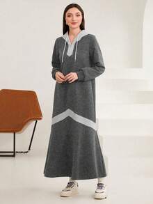 Seusyu Của phụ nữ Màu sắc Tương phản Dây rút Váy Hoodie - Màu xám đen - Xem 3