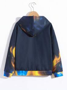 SHEIN 青少年男童休闲猫咪印花宽松针织卫衣，带袋鼠口袋 - 黑色 - 查看 2