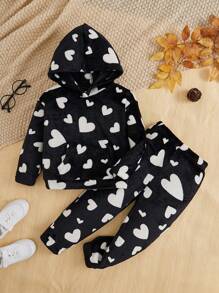 SHEIN Little Girls' Heart Plush Pocket Hoodie And Long Pants 2pcs Casual Set - Black and White - View 1