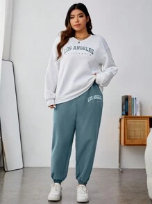 SHEIN EZwear 女士字母印花針織運動衫和運動褲套裝 - 霧霾藍 - 查看 4