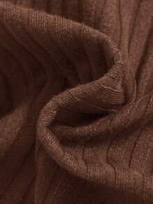 SHEIN Cô gái Màu thuần Dệt kim gân sọc Vòng cổ Tay áo dài Đầm - Rỉ Nâu - Xem 3